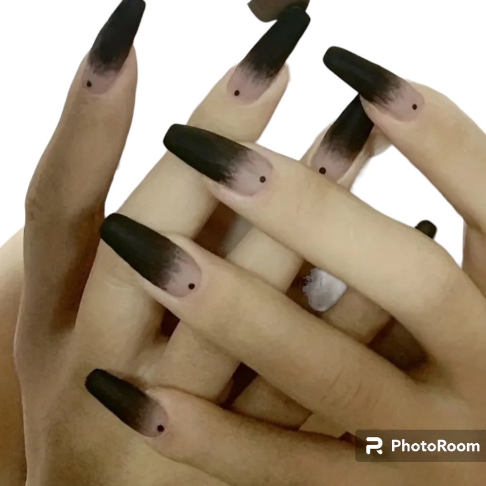 Halloween full cover false nails gradient black matte French tip balleri…